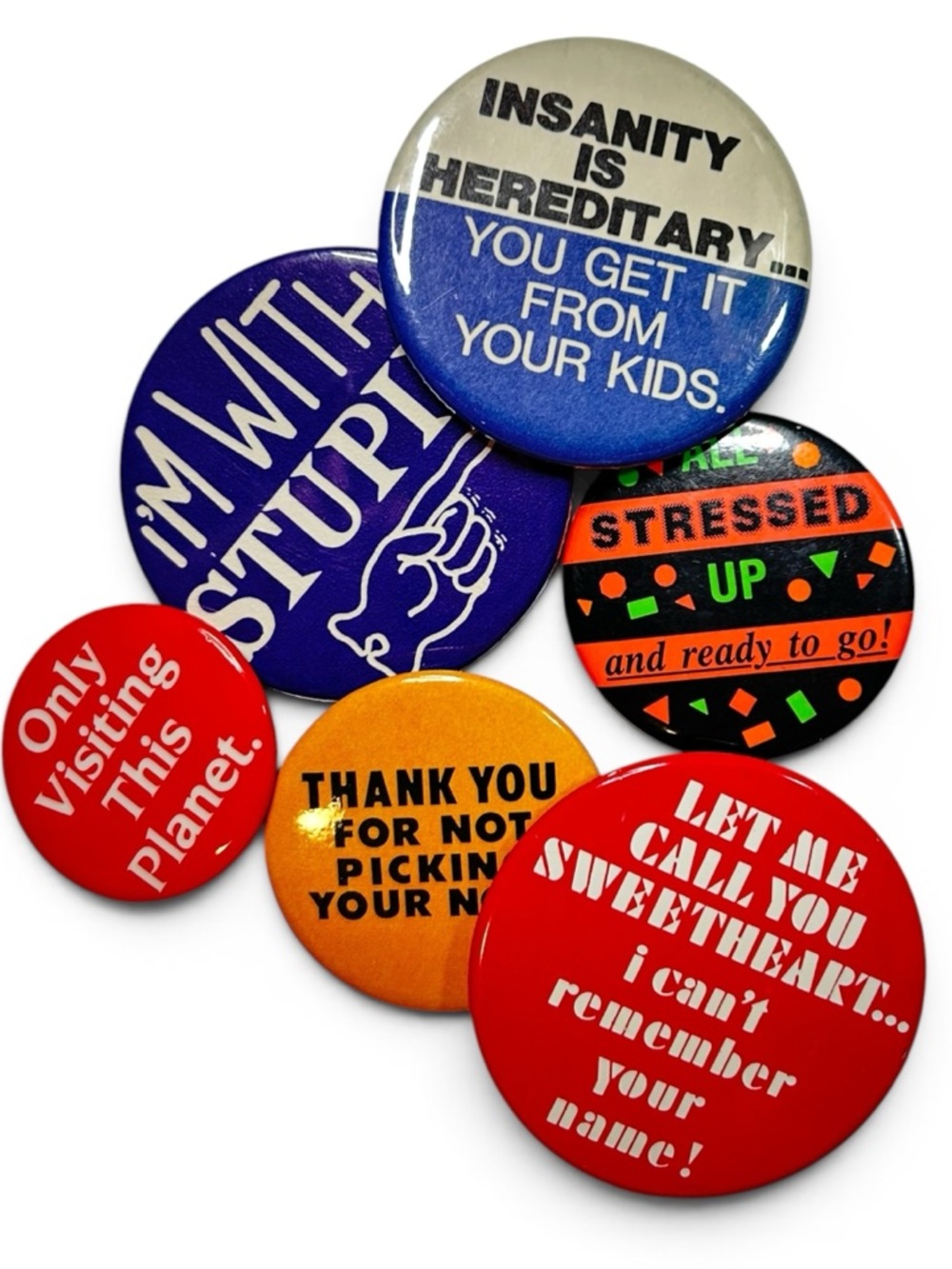 Vintage 80s 90s Funny Pin Button Lot Retro Humor Sarcasm Novelty Pins 7pc